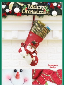 Detail of red Christmas stocking with snowman decor and gift boxes inside