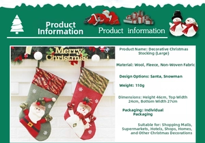 Detailed size specifications for large 46cm Christmas stockings featuring Santa and Snowman