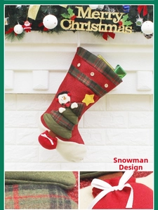 Detail of Snowman Style Christmas stocking with burlap texture and gift box ornaments