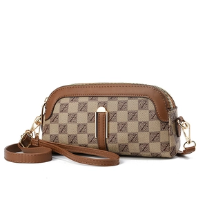 Brown and beige plaid phone crossbody bag with Z pattern and dual zippers