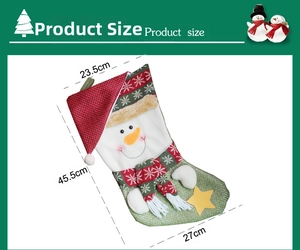 Detailed size chart of a 45.5cm Christmas stocking with snowman embroidery and dimensions