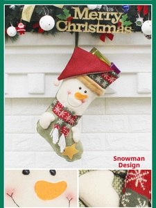 Close-up of snowman Christmas stocking detail with rustic fabric and embroidery