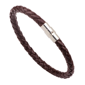Classic dark brown braided leather bracelet with silver magnetic buckle on white background