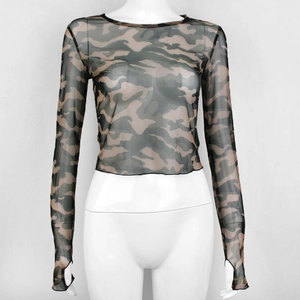 Detail of sheer camouflage mesh crop top with long sleeves and thumb hole cuffs