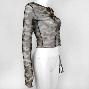 Detail of camouflage print on sheer mesh fabric with long sleeves and cropped cut