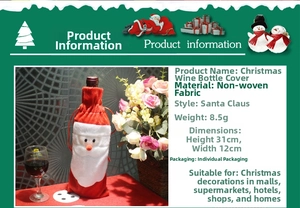 Detail view of Santa Christmas wine bottle cover with size 31x12cm and material info