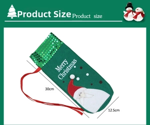 Detailed dimensions of green felt Santa wine bottle cover with Merry Christmas embroidery