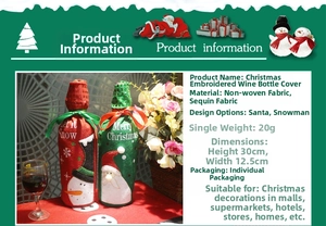 Detail view of embroidered Christmas wine bottle covers with sequins and size specifications