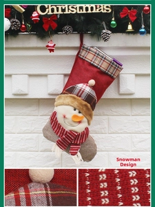 Detailed view of snowman Christmas stocking with plaid patterns hanging on a fireplace