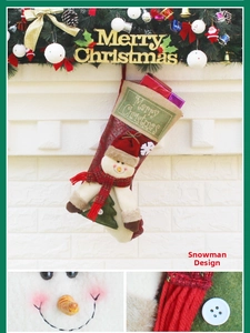 Close-up of a rustic burlap Christmas stocking with a 3D snowman and festive tree embroidery