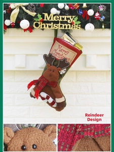 Detailed view of large reindeer Christmas stocking with 3D doll and plaid scarf