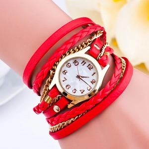 Three-layer wrap watch with red leather braid and gold marble dial fashion bracelet