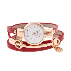 Red wrap-around leather strap watch for women with rose gold case and rhinestone dial