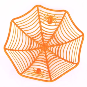 Ciotola porta caramelle arancione a ragnatela con due ragni decorativi per festa Halloween