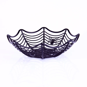 Halloween black spider web fruit basket with small spider model on white background