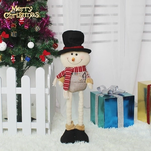 Standing plush snowman decoration with telescopic legs and plaid outfit for Christmas