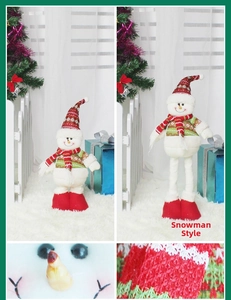 Detailed view of telescopic plush snowman Christmas decoration with adjustable long legs