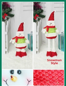 Detailed close-up of a plush snowman with adjustable legs and knitted fabric texture