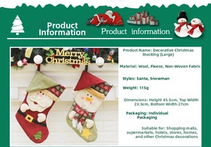 Detail of Santa and Snowman Christmas stockings showing size specs and wool materials