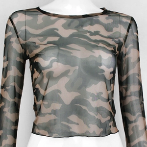 Close-up of camouflage mesh long sleeve top on mannequin showing sheer fabric texture