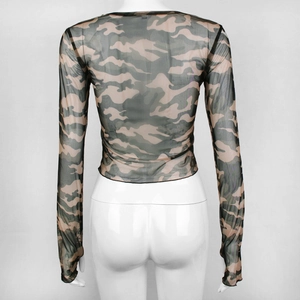 Back view of mesh long sleeve shirt with military green camouflage print on mannequin