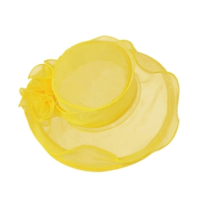 Detail of yellow organza sun hat featuring an elegant fabric floral appliqué on side