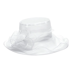 Detail of white organza sun hat featuring elegant 3D floral applique and mesh texture