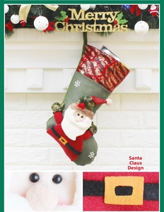 Detail view of 3D Santa Claus Christmas stocking with red belt and snowflake embroidery
