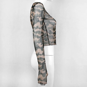 Detail of sheer camouflage mesh fabric on long sleeve crop top with side view on mannequin