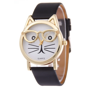 Cute Cartoon Cat Face Quartz Watch With Golden Glasses Alloy Case PU Leather Strap Fashion Analog Wristwatch For Women