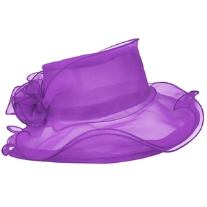 Detail of elegant purple organza sun hat with large floral decoration and wide wavy brim