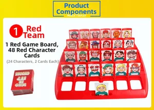 Vue détaillée du plateau de jeu de devinettes rouge avec 24 volets et cartes de personnages