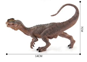 Macro detail of Dilophosaurus toy model with skin textures showing 14cm length and 7cm height
