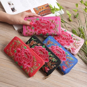 Ethnic embroidered long wallet with peony floral pattern in five colorful vibrant styles