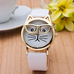 Close-up of cute cat face watch dial with gold glasses and white leather strap