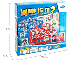 Vue détaillée de l'emballage montrant les dimensions du jeu de société Who Is It et ses cartes