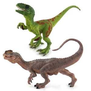 Realistic dinosaur toy set featuring detailed green velociraptor and brown dilophosaurus models