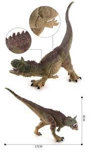 Detailed views and dimensions of a solid Carnotaurus dinosaur model toy with scales