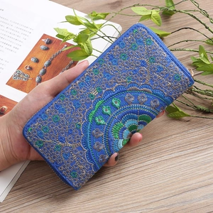 Blue ethnic embroidered long wallet with peacock pattern and gold zipper for women