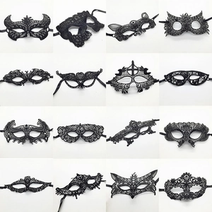 Collection of 16 elegant black lace masks with intricate cutout designs for masquerades