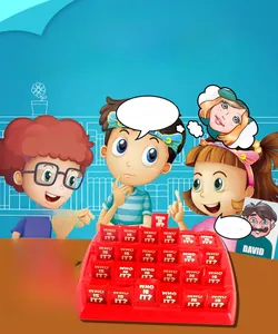 Détail du plateau de jeu rouge avec cartes de personnages pour jeu de logique enfant