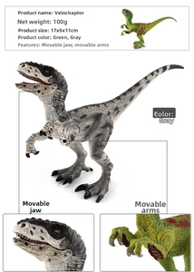Detail view of Velociraptor dinosaur model with movable jaw and arms in grey and green