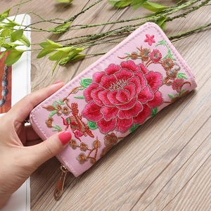 Pink long wallet with floral peony embroidery and heart-shaped metal zipper closure