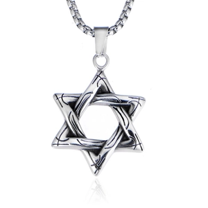 Polished silver hexagram pendant necklace in titanium steel with Celtic tribal patterns
