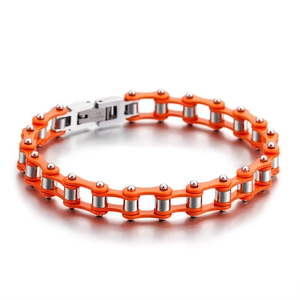 Industrial style stainless steel bike chain bracelet in vibrant orange and silver