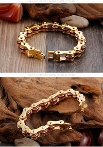Gold bicycle chain bracelet for men featuring red zircon stones and a fold-over clasp