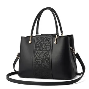 Detailed size specifications for women's black PU leather handbag with embossed texture