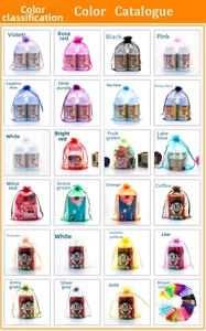 Collage of 24 colorful organza drawstring bags with gold snowflake patterns for gifts