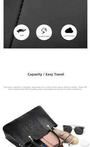 Detail view of large black tote bag capacity with sunglasses, umbrella and wallet