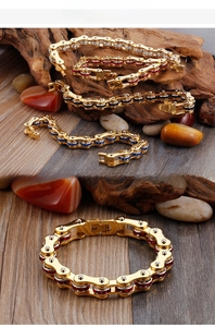 Detailed view of gold bicycle chain bracelets with colorful crystal inlay and fold-over clasp